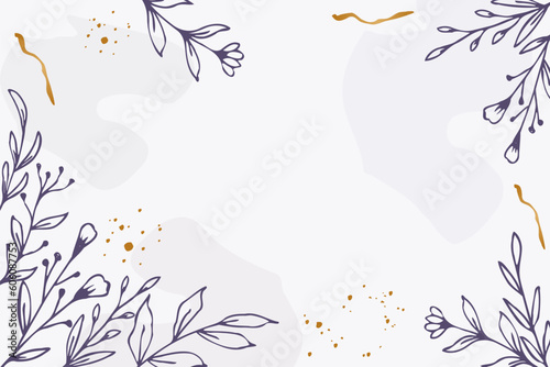 Beautiful Purple floral background with hand drawn leaves and flower border on pastel flat color for wedding invitation or engagement or greeting card