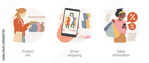 Smart retail isolated cartoon vector illustration set. Teen girl scanning product qr code in store, smart shopping, augmented reality in retail, sales info, promo code, mall app vector cartoon.