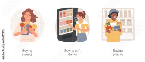 Teen in a supermarket isolated cartoon vector illustration set. Shopping time, teen holding sweets, vending machine, bying soda water, soft drink, boy with bags of snacks, food shop vector cartoon.