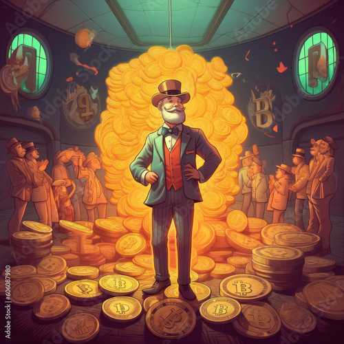cartoon image of a businessman and a large image of bitcoin as a symbol of accumulation, worship and financial growth.Generative AI