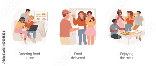 Food delivery isolated cartoon vector illustration set. Ordering food online, home party, choose meal on laptop screen, pizza delivery, holding box, enjoying eating home together vector cartoon. © Vector Juice