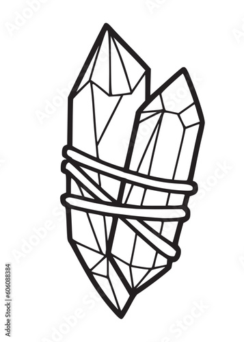 Hand drawn two magical crystals tied together, isolated vector illustration in line design with white background