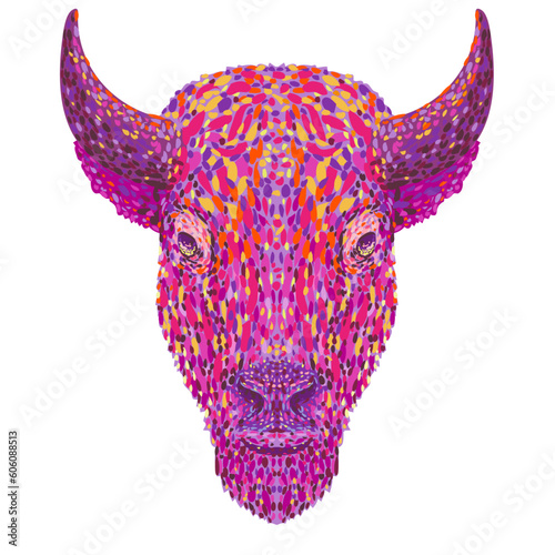 Foto Pointillist, Impressionist or pop art style illustration of head of an American bison also called American buffalo or simply buffalo viewed from front on isolated background in retro dot art style