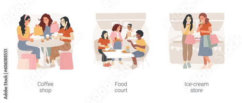 Leisure time in shopping mall isolated cartoon vector illustration set. Girls with shopping bags at coffee shop, teens at mall food court, standing near ice-cream store, hanging out vector cartoon. © Vector Juice
