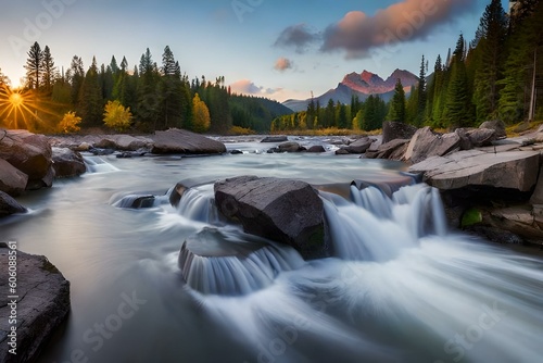 A cascading river, with water rushing over rocks and creating small waterfalls along its course, AI Generative