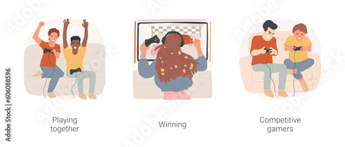 Video games isolated cartoon vector illustration set. Teenagers play video games together, exited friends sitting on sofa, girl winning, competitive gamers, cybersport competition vector cartoon.