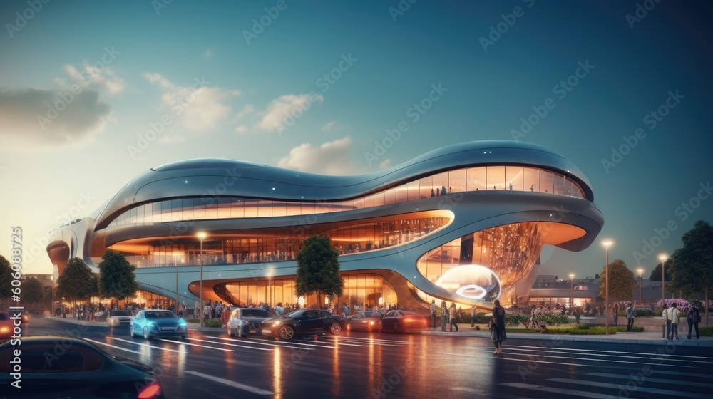 Admire a design concept of a futuristic shopping mall exterior, exhibiting innovative architectural forms, advanced technology, and modern aesthetics. Crafted by AI