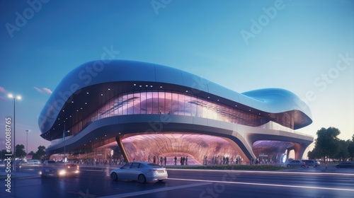 Envision a design concept of a futuristic shopping mall exterior, displaying innovative architectural styles, advanced technology, and sleek aesthetics. Conceived by AI © qntn