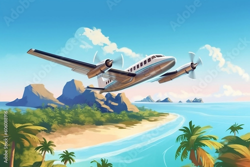 Passenger plane soaring over tropical paradise with picturesque coastline, generative AI