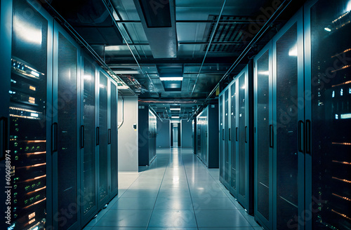 Server racks in server room data center. Generative AI