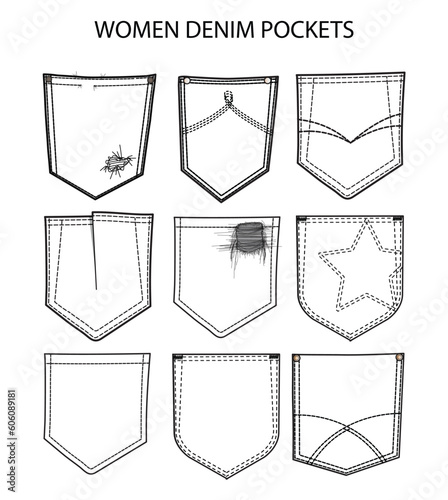 Women Denim Pockets Types Set Fashion Illustration, Vector, CAD, Technical Drawing, Flat Drawing, Template, Mockup.