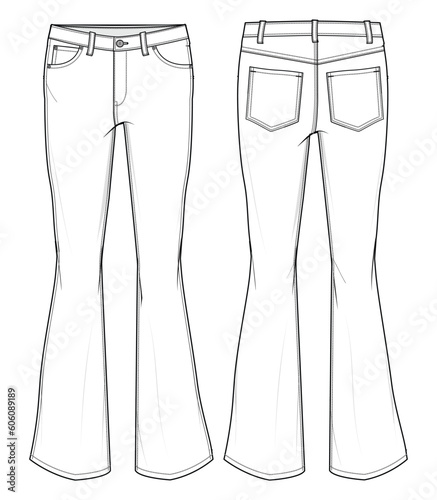 Women Boot Cut Denim, Flared Jeans Front and Back View. Fashion Illustration, Vector, CAD, Technical Drawing, Flat Drawing, Template, Mockup.