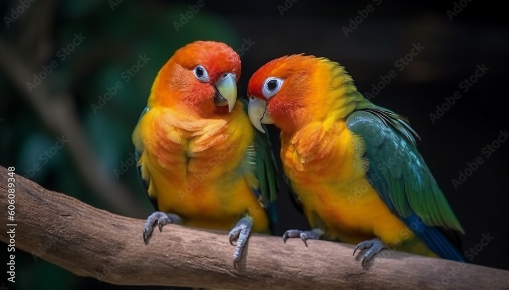 Vibrant macaws perching on branch in nature generated by AI