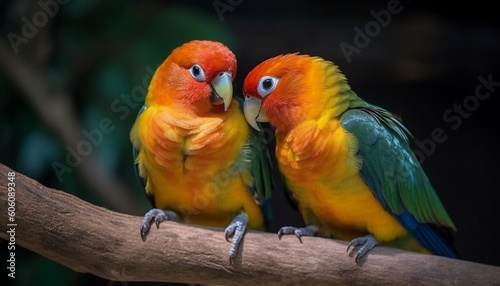 Vibrant macaws perching on branch in nature generated by AI © Jeronimo Ramos