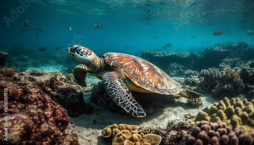 Sea turtle swims in colorful coral reef generated by AI © Jeronimo Ramos