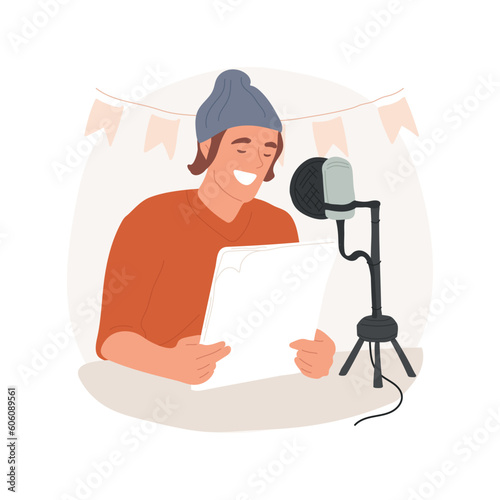 Making podcast isolated cartoon vector illustration. Smiling teenager reading aloud in microphone for recording podcast, creating content for online blog, digital lifestyle vector cartoon.