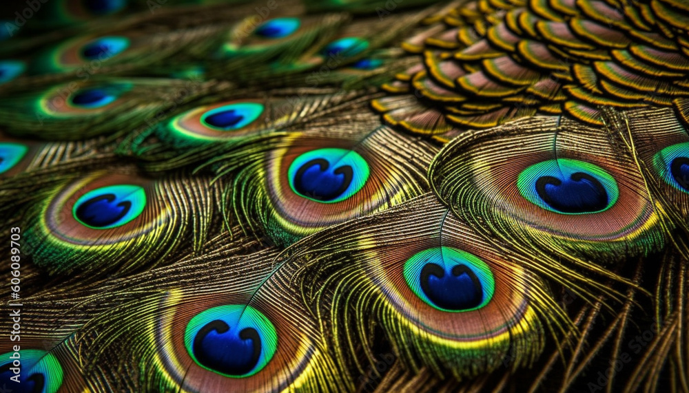 Obraz premium Majestic peacock displays vibrant iridescent feather pattern generated by AI