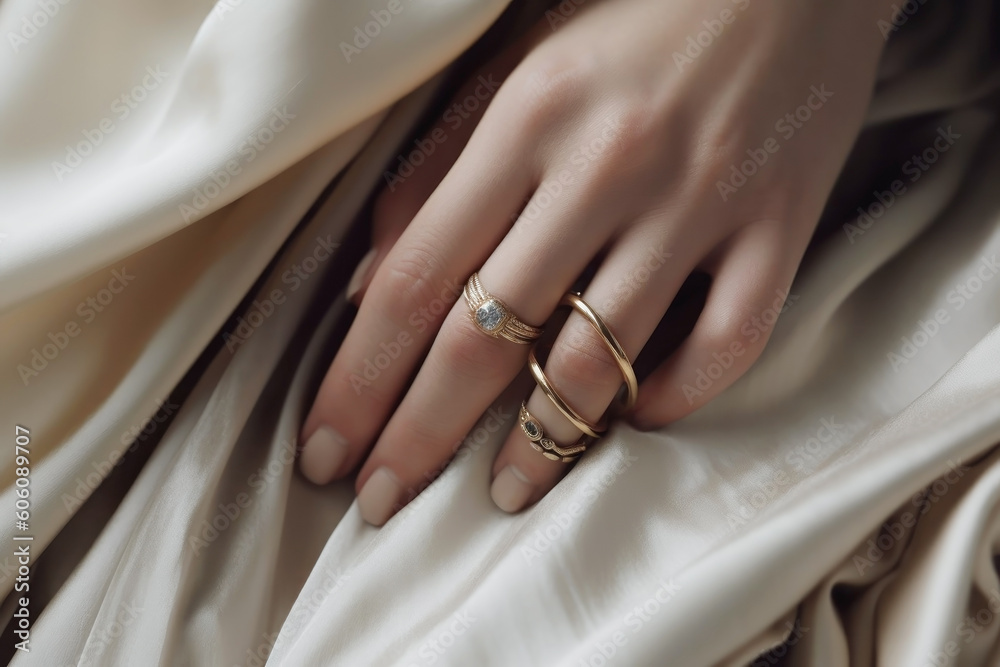 Close-up female caucasian hand lies on a silk bedspread. Slim elegant hand with rings and nude manicure. AI Generative Content.