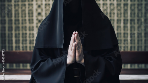 The hands of the priest are folded in a gesture of prayer, an appeal to the god of his religion. A man in a black monastic cassock in a church, temple serves God. AI Generative Content.