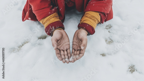 Male hands of a Tibetan monk in a red yellow cassock on the snow top view. Religion of asia, tibet, thailand, china. Meditation, monk prayer in nature, comprehend zen buddhism. AI Generative Content.