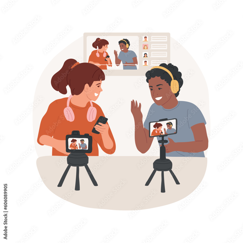 Live streaming isolated cartoon vector illustration. Teen couple sharing content online on webcam, digital lifestyle, influencer marketing, live streaming creation, interview vector cartoon.