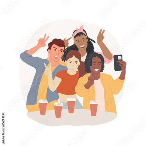 Making fun selfies isolated cartoon vector illustration. Happy teens taking selfie and having fun, social media communication, content creation, collecting followers vector cartoon.