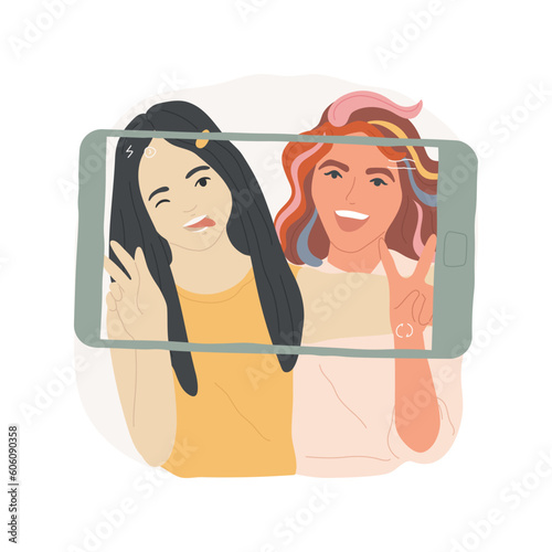 Taking fun pictures isolated cartoon vector illustration. Friends taking fun self portrait photos on smartphone, digital lifestyle, social media communication, content creation vector cartoon.