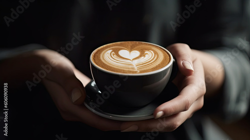 close up. of a woman holding a cup of latte macchiato coffee in her hands. Generative AI