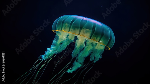 A jellyfish in the deep sea isolated on black background. Generative AI © jr-art