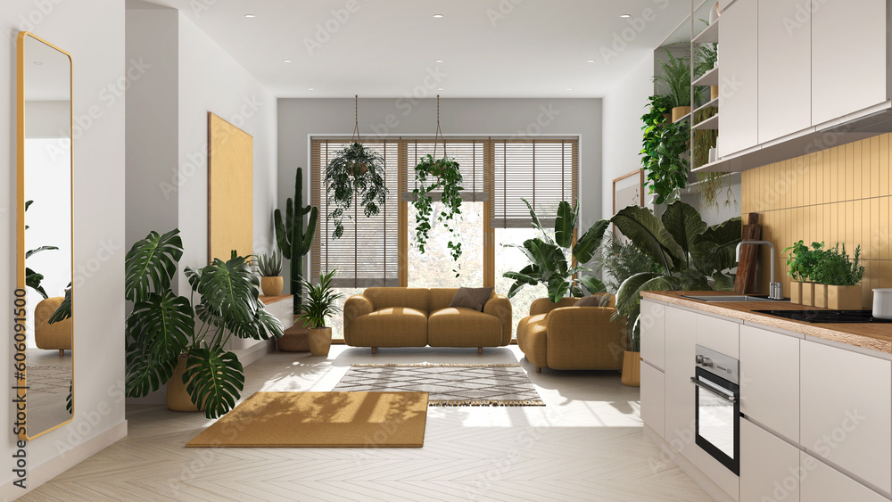 Love for plants concept. Kitchen and living room interior design in white and yellow tones. Parquet, sofa and many house plants. Urban jungle idea Love for plants concept. Kitchen and living room interior design in white and yellow tones. Parquet, sofa and many house plants. Urban jungle idea