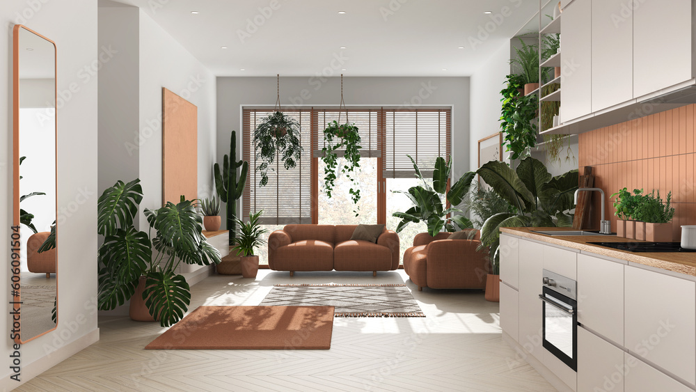 Love for plants concept. Kitchen and living room interior design in white and orange tones. Parquet, sofa and many house plants. Urban jungle idea