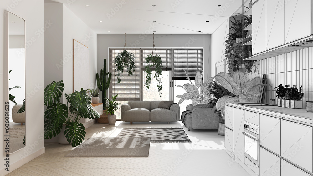 Architect interior designer concept: hand-drawn draft unfinished project that becomes real, love for plants concept. Kitchen and living room interior design. Urban jungle idea
