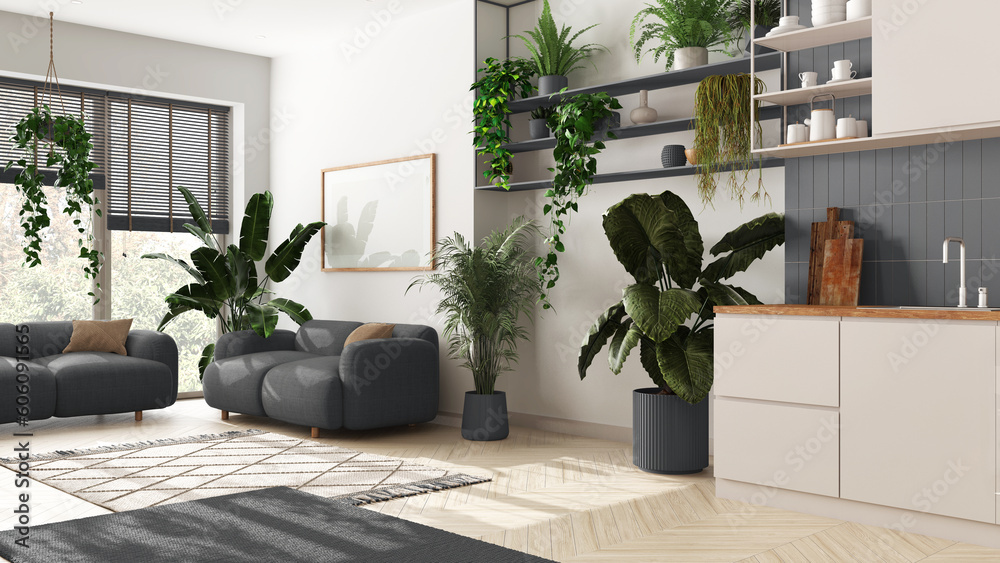 Fototapeta premium Home garden love. Kitchen and living room interior design in white and gray tones. Parquet, sofa and many house plants. Urban jungle, indoor biophilia idea