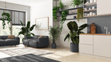 Home garden love. Kitchen and living room interior design in white and gray tones. Parquet, sofa and many house plants. Urban jungle, indoor biophilia idea