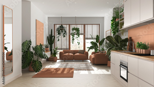 Love for plants concept. Kitchen and living room interior design in white and orange tones. Parquet  sofa and many house plants. Urban jungle idea