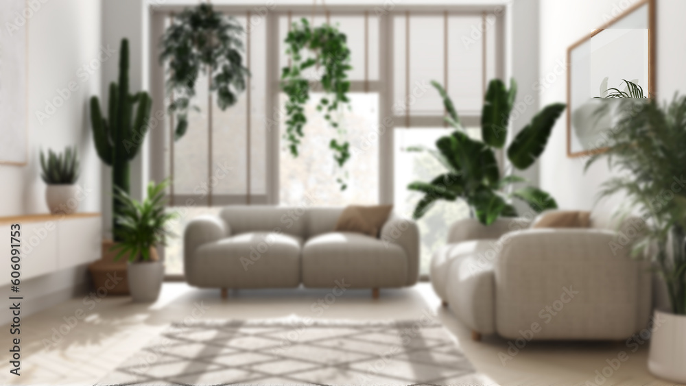 Fototapeta premium Blurred background, minimalist contemporary living room interior design. Parquet, sofa and many house plants. Urban jungle, indoor biophilia idea