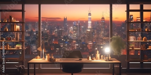 Blurred office workspace in the evening , interior workplace with cityscape for business presentation background. Generative AI