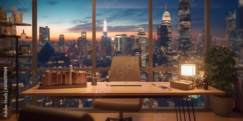 Blurred office workspace in the evening   interior workplace with cityscape for business presentation background. Generative AI
