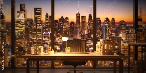 Blurred office workspace in the evening , interior workplace with cityscape for business presentation background. Generative AI