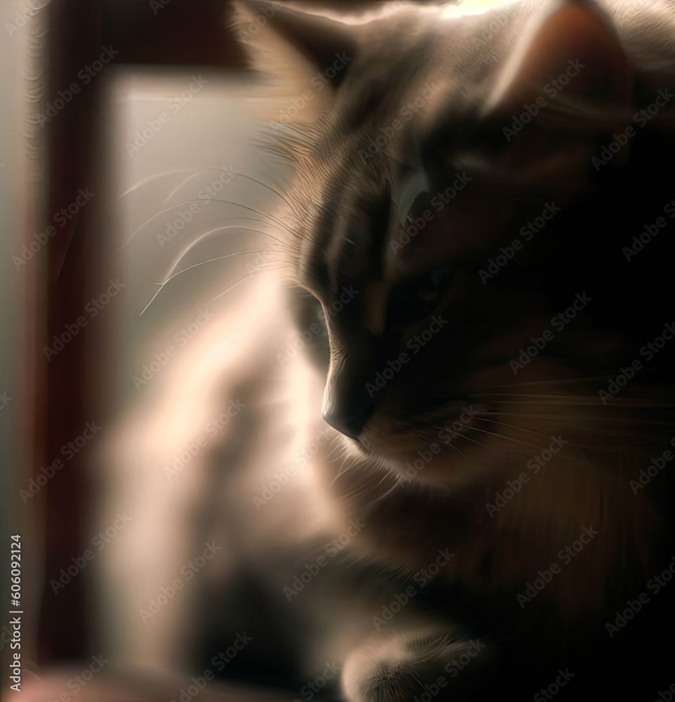 
Close-up muzzle of a cat with bokeh, soft light falls on him, sits on a chair