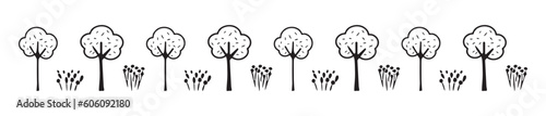 Border of trees in vector low brow style. Block print design botanical edging. 
