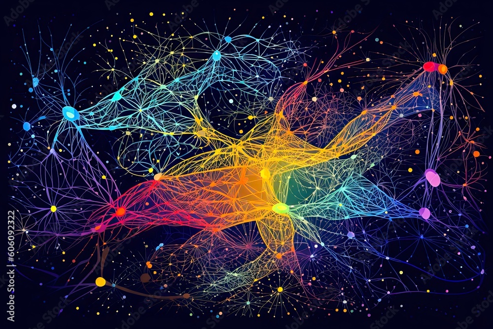 Cosmic Nerve Map. Abstract drawing showing the neural flow of the brain as an intricate network resembling neural pathways, connecting it with the vastness of the cosmos. AI