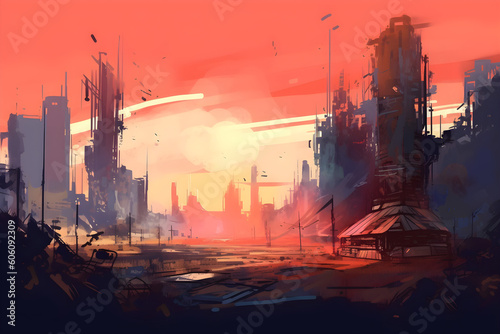 Futuristic cyberpunk watercolour landscape, Generative AI