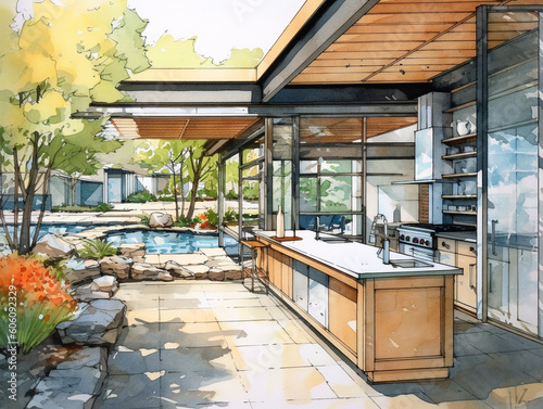 A Watercolor of a Modern and Organic Outdoor Kitchen in a Contemporary Home | Generative AI