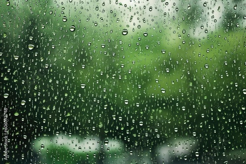 Ideal background of raindrops on the window, with a green backdrop, perfect for representing rainy days. Generative AI
