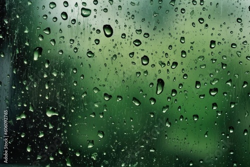 Ideal background of raindrops on the window  with a green backdrop  perfect for representing rainy days. Generative AI
