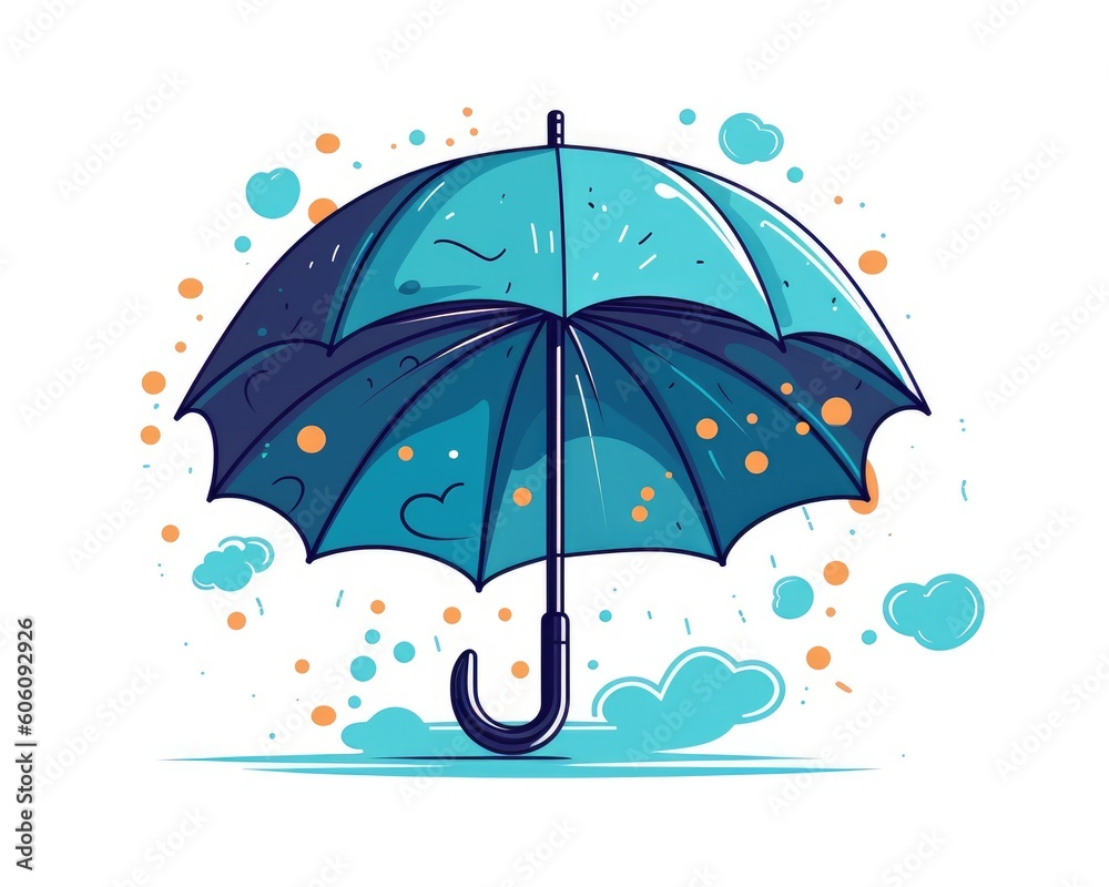 Blue umbrella with raindrops, flat colors. Generative AI