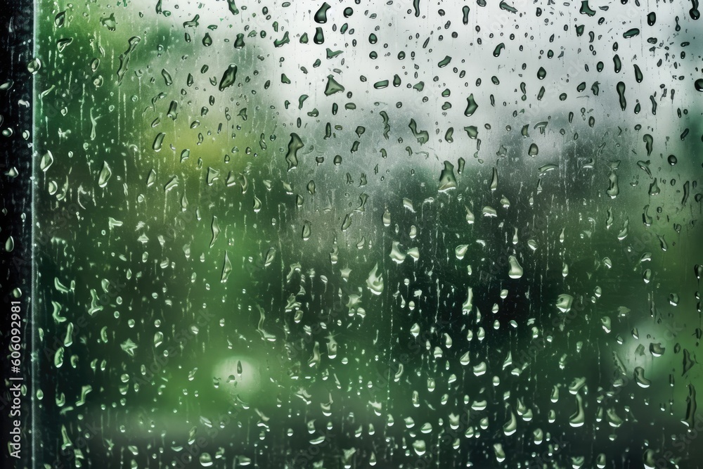 Ideal background of raindrops on the window, with a green backdrop, perfect for representing rainy days. Generative AI Ideal background of raindrops on the window, with a green backdrop, perfect for representing rainy days. Generative AI