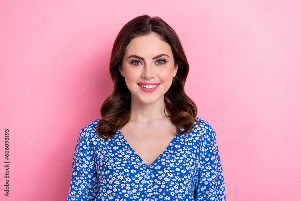 Photo of cheerful lovely lady beaming smile good mood nice curly hairstyle isolated on pink color background Photo of cheerful lovely lady beaming smile good mood nice curly hairstyle isolated on pink color background