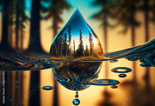 Water drop reflection in water with forest and blue sky background. Generative AI